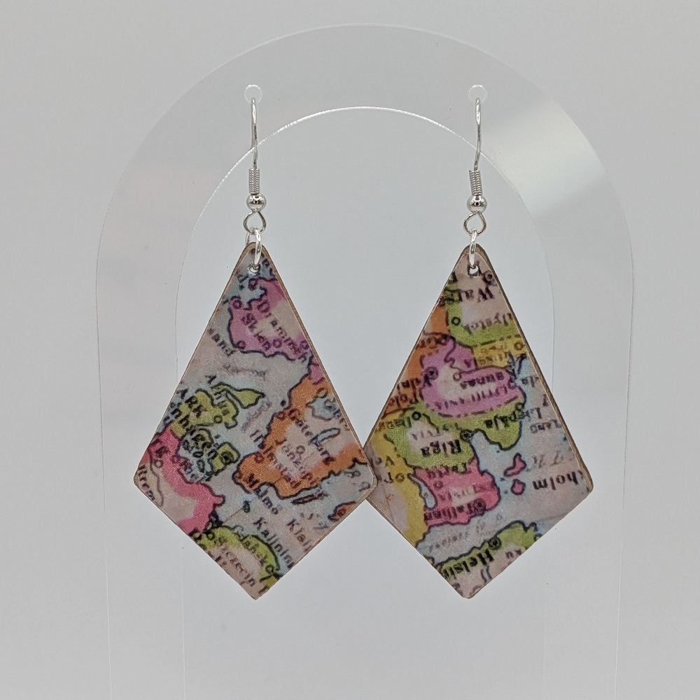 Handmade Map Print Earrings, Decoupaged on Wood - Picture 6 of 7